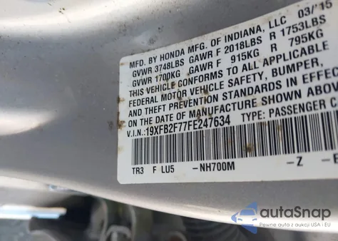 2015 Honda Civic Se z USA, uszkodzony, nr VIN 19XFB2F77FE247634